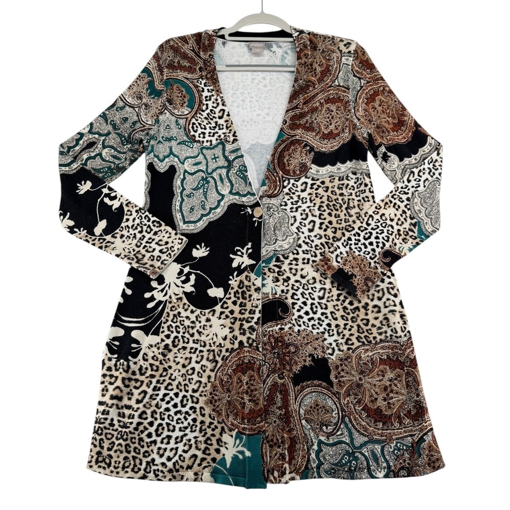 Chico's Paisley Leopard Print Cardigan Women Size 0 Small Arsty Traveler Style